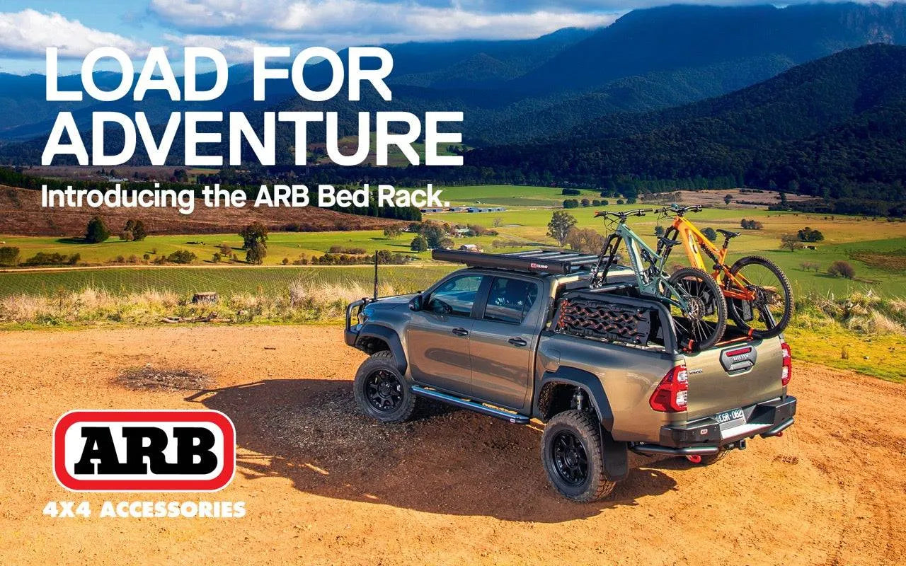 Support de benne ARB avec galerie de toit Baserack pour Toyota Hilux Revo 2016+ Double Cab, support robuste et pratique.