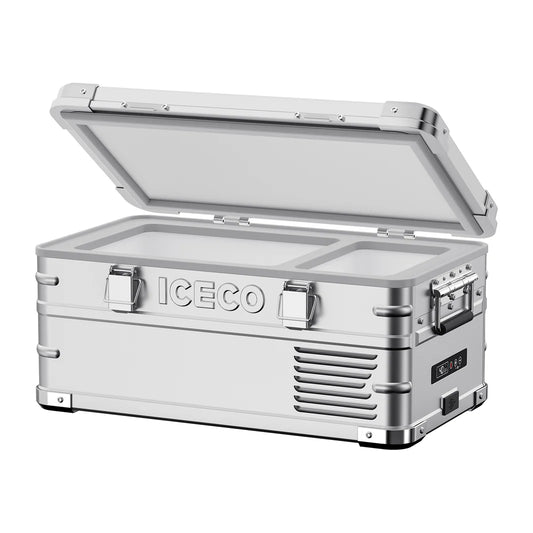 Réfrigérateur/congélateur ICECO 20L en argent, compact et léger, idéal pour le stockage de nourriture et boissons.