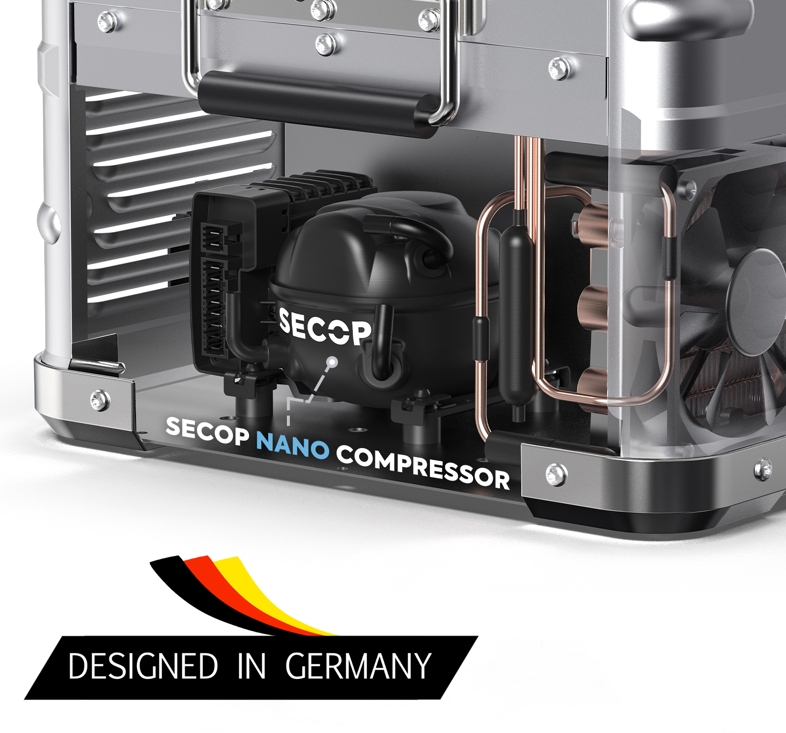 Réfrigérateur/congélateur ICECO 35L double zone en argent, vue de face, compact et pratique pour le stockage.
