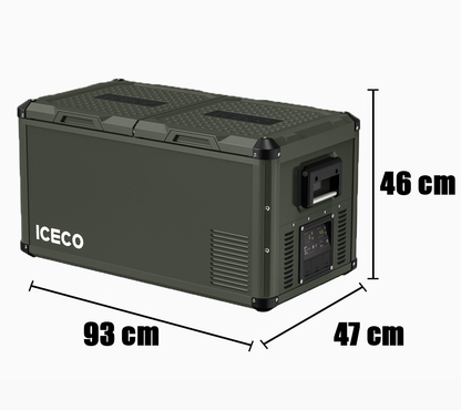 Réfrigérateur/congélateur ICECO 75L double compartiment en vert, avec portes séparées pour stockage froid et congelé.