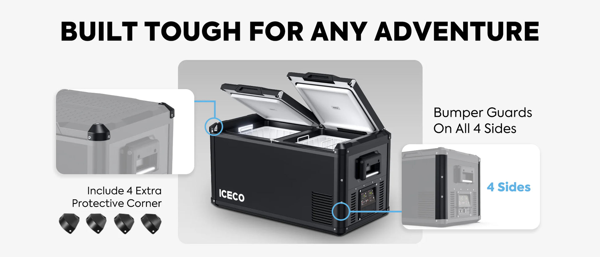 Réfrigérateur/congélateur ICECO 75L double compartiment en vert, vue de face avec poignées et affichage.