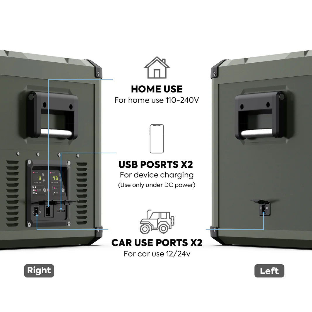 Réfrigérateur/congélateur ICECO 75L double compartiment en vert, avec portes et étagères visibles.