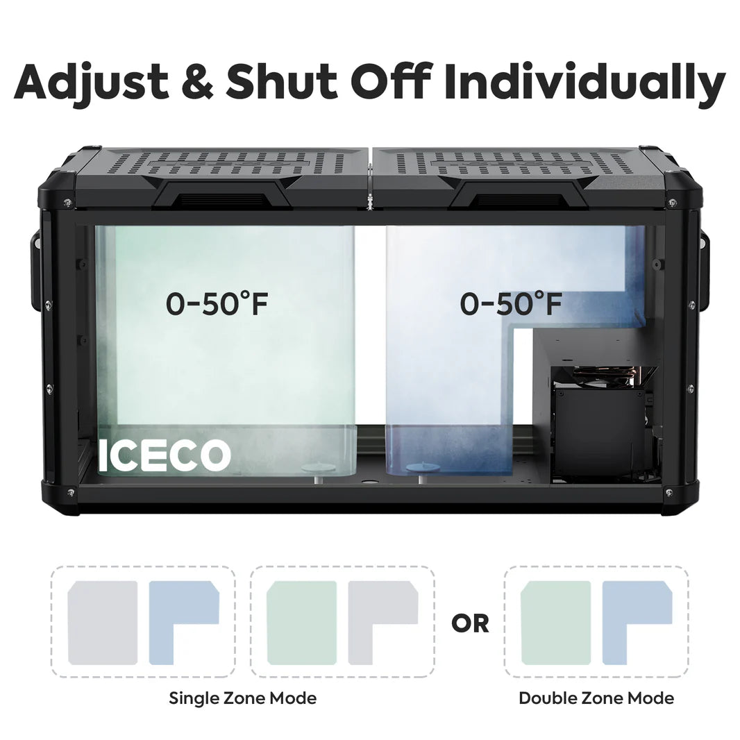 Réfrigérateur/congélateur ICECO 75L double compartiment vert, vue de face avec portes et poignées visibles.