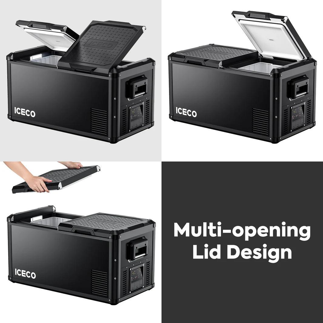 Réfrigérateur et congélateur ICECO 75L double compartiment en vert, avec portes et contrôle de température.