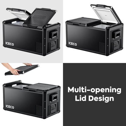 Réfrigérateur et congélateur ICECO 75L double compartiment en vert, avec portes et contrôle de température.