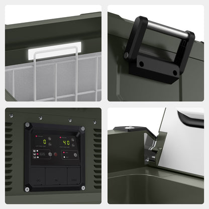 Réfrigérateur/congélateur ICECO 75L double compartiment en vert, compact et pratique pour le stockage alimentaire.