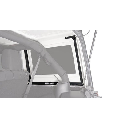 Galerie de toit RHINO-RACK RLT600 pour Jeep Wrangler JK 4 portes, 1800mm x 1430mm, vue de côté avec accessoires.