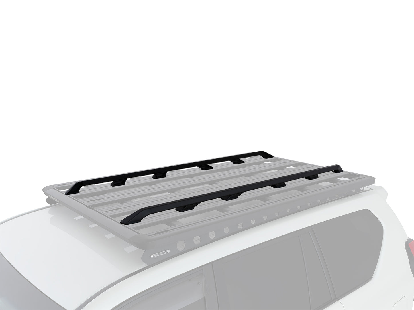 Rails latéraux de 2100mm pour galerie Pioneer 6, accessoires Rhino-Rack, en aluminium, fixés sur une galerie de véhicule.