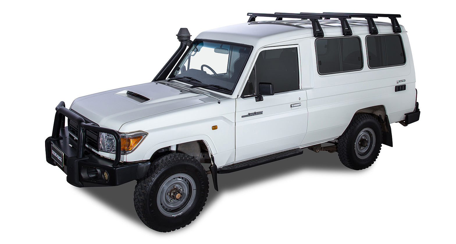 Kit de 4 barres de toit noires Heavy Duty 1500mm RHINO-RACK avec pieds pour Toyota Land Cruiser série 78 2007+