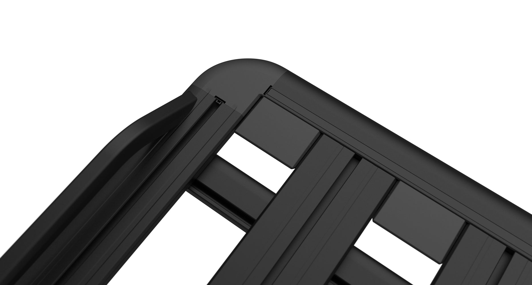 Galerie de toit Rhino-Rack Pioneer 6, 2100x1430mm, robuste pour véhicule tout-terrain, en acier noir avec rails solides.